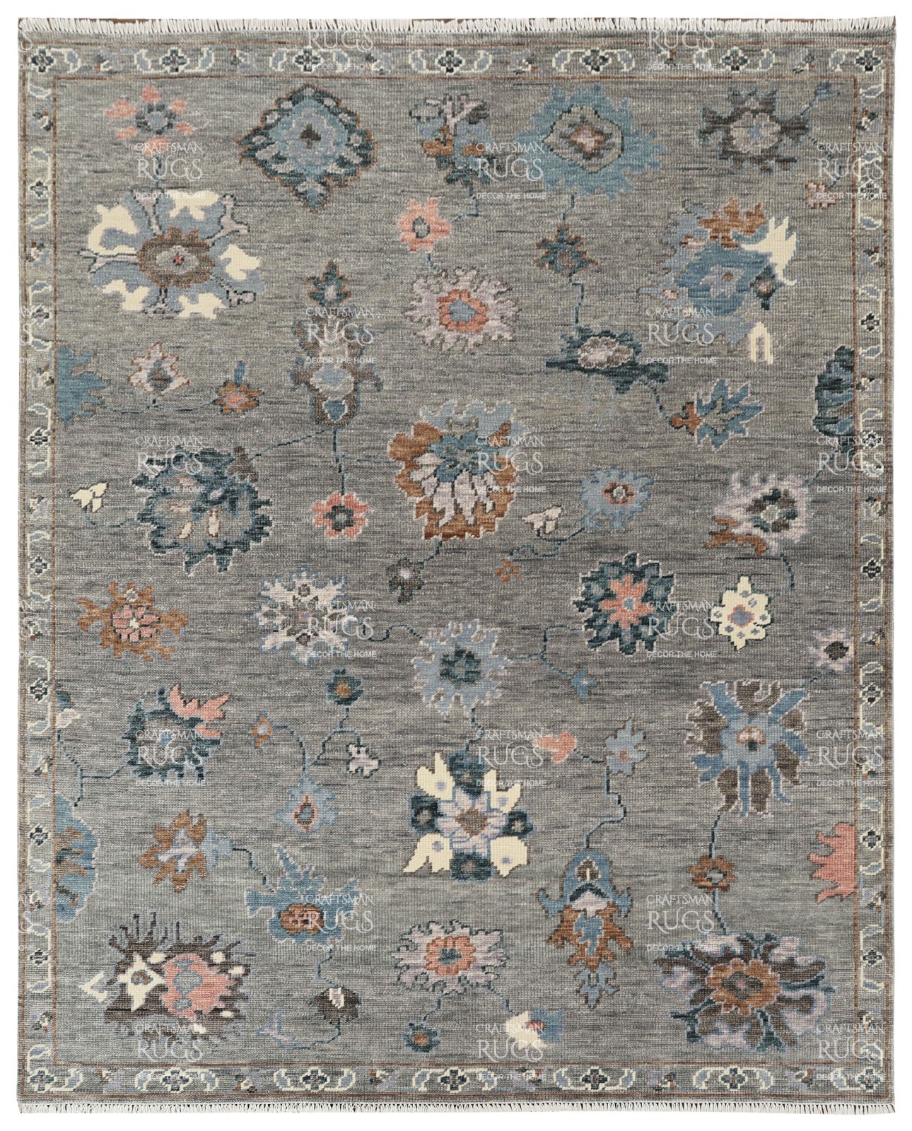8×10 ft Contemporary Handknotted Gray Oushak Rug, Antique Handwoven Rug