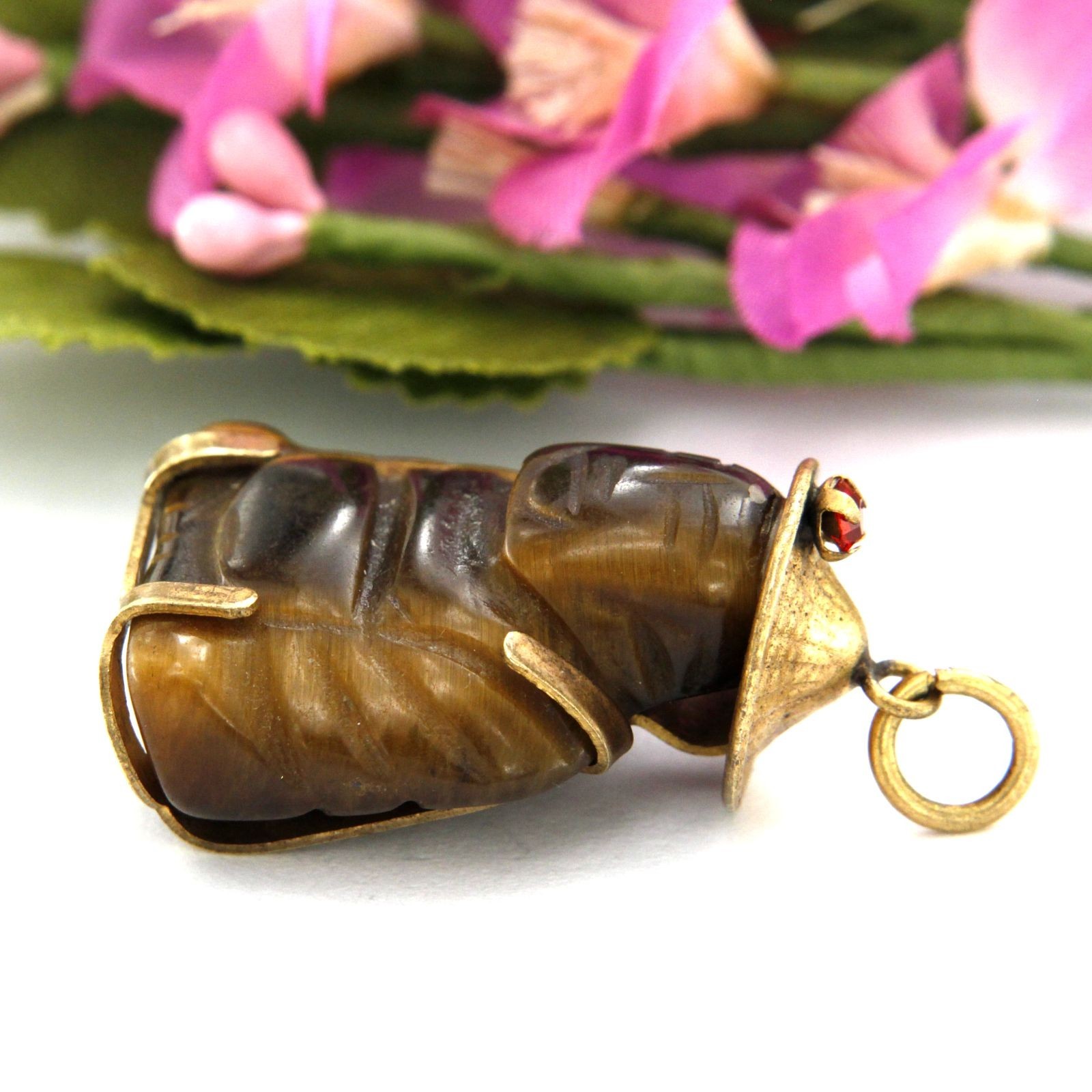 Carved Tiger Eye Stone Chinese Asian Buddha Buddah Vintage Estate Pendant Amulet