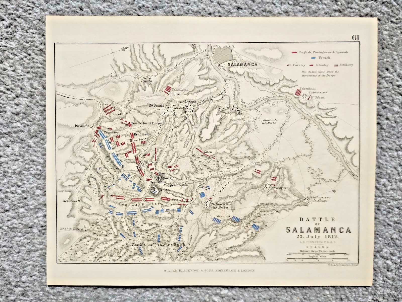 1848 Antique Map Showing the Battle of Salamanca, Spain in 1812