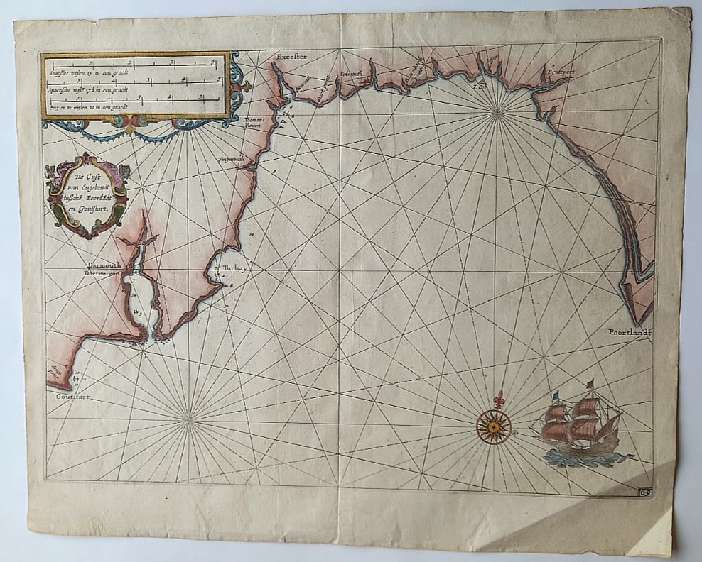 Rare 1666 Pieter Goos Antique Sea Chart English Channel Devon Dorset Watermark