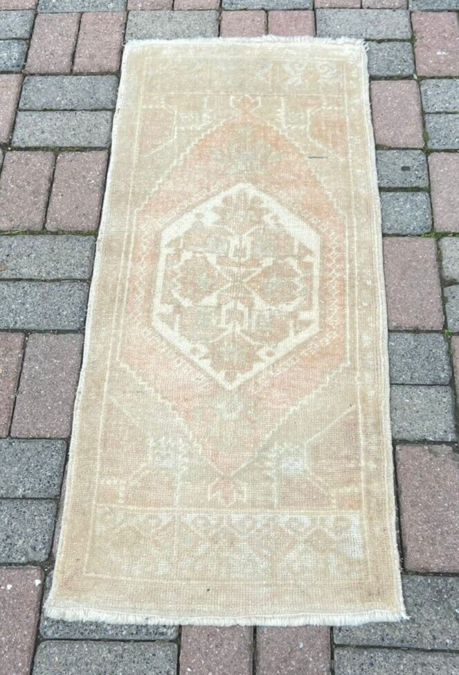 Faded Small Rug, 1.6×3.9 ft, Small Oushak Rug, Wool Handmade Rug, Doormat Rug