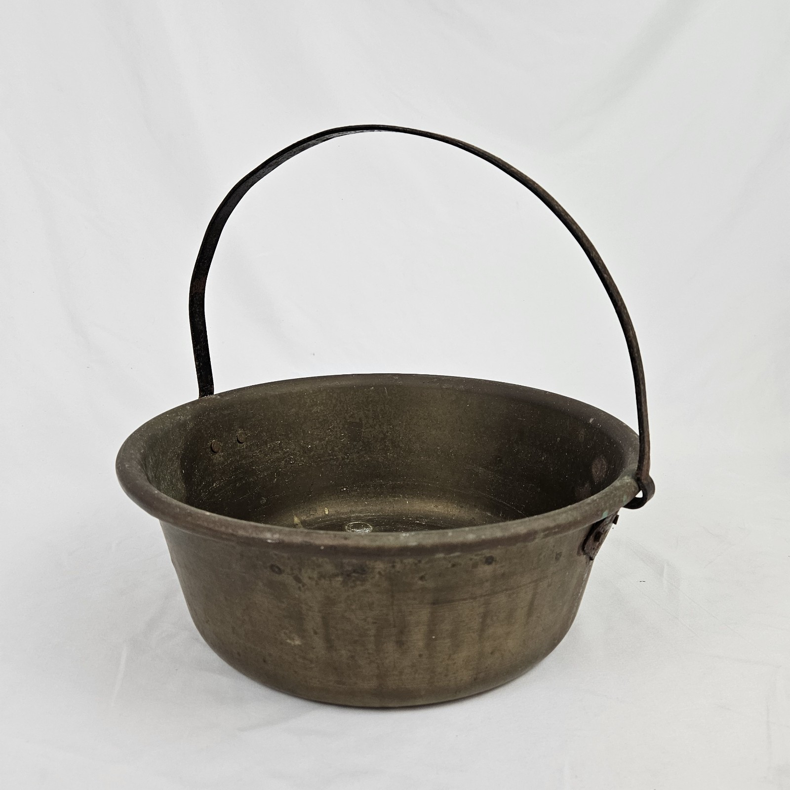 Antique Brass Bean Pot Cauldron Campfire Pan Copper Handle Forged Primitive