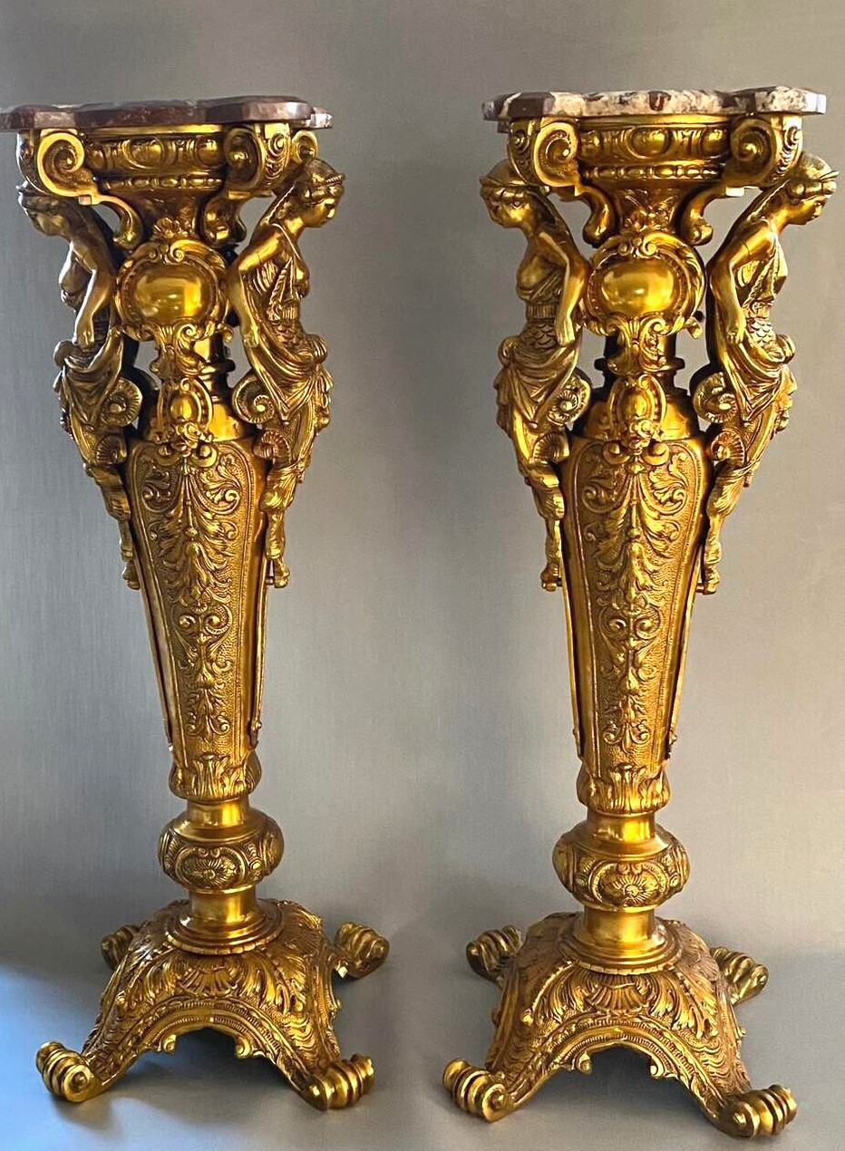 Large Brass Bronze Handmade Ornate Pedestals Figural Mermaids Marble Top 39″