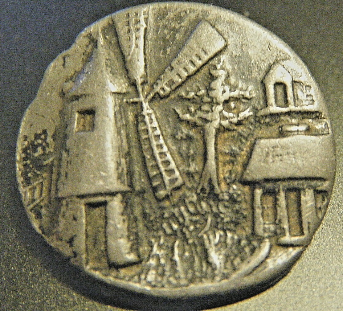 Antique relief picture Button pewter self shank Dutch windmill 1″