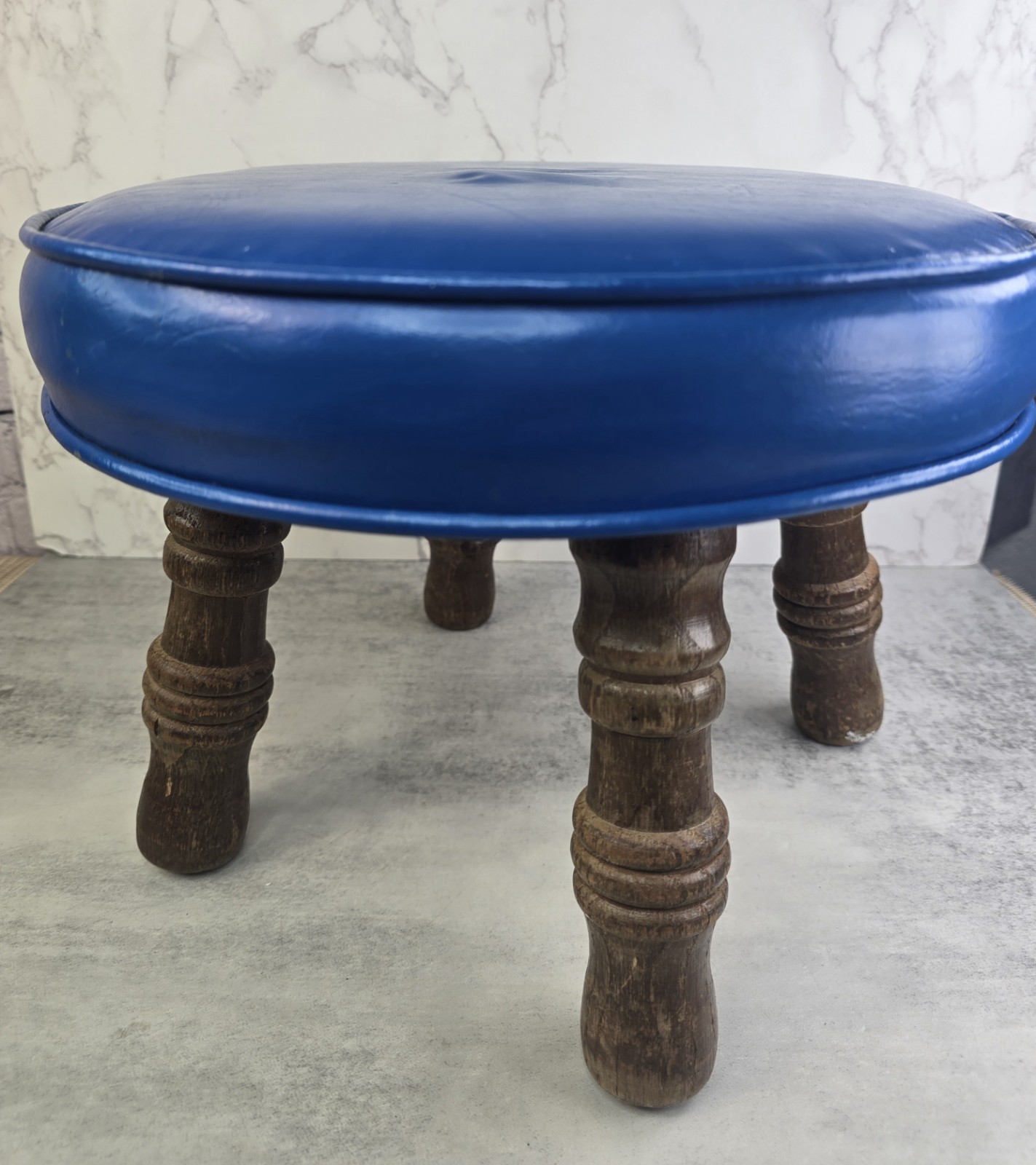 Vintage 1970s Blue Wooden Stool Short Foot Rest Padded Seat Retro MCM Wood