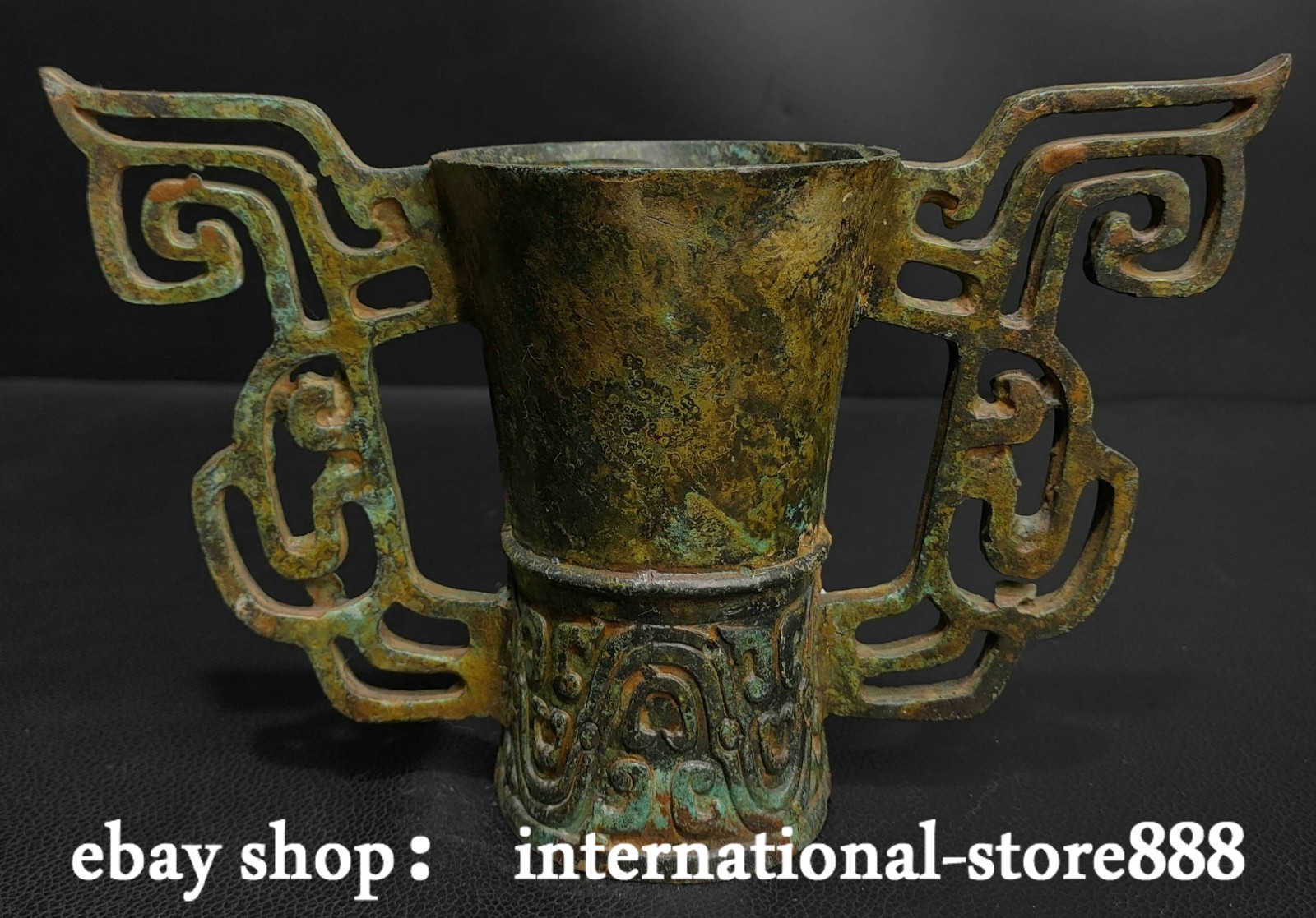 8.8″ Old Chinese Dynasty Bronze Ware Totem Double Beast Ear Cup Mug Glass