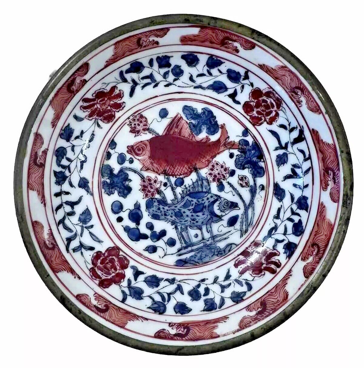 Vintage Chinese Iron Red, Blue, and White Hand Painted Bowl