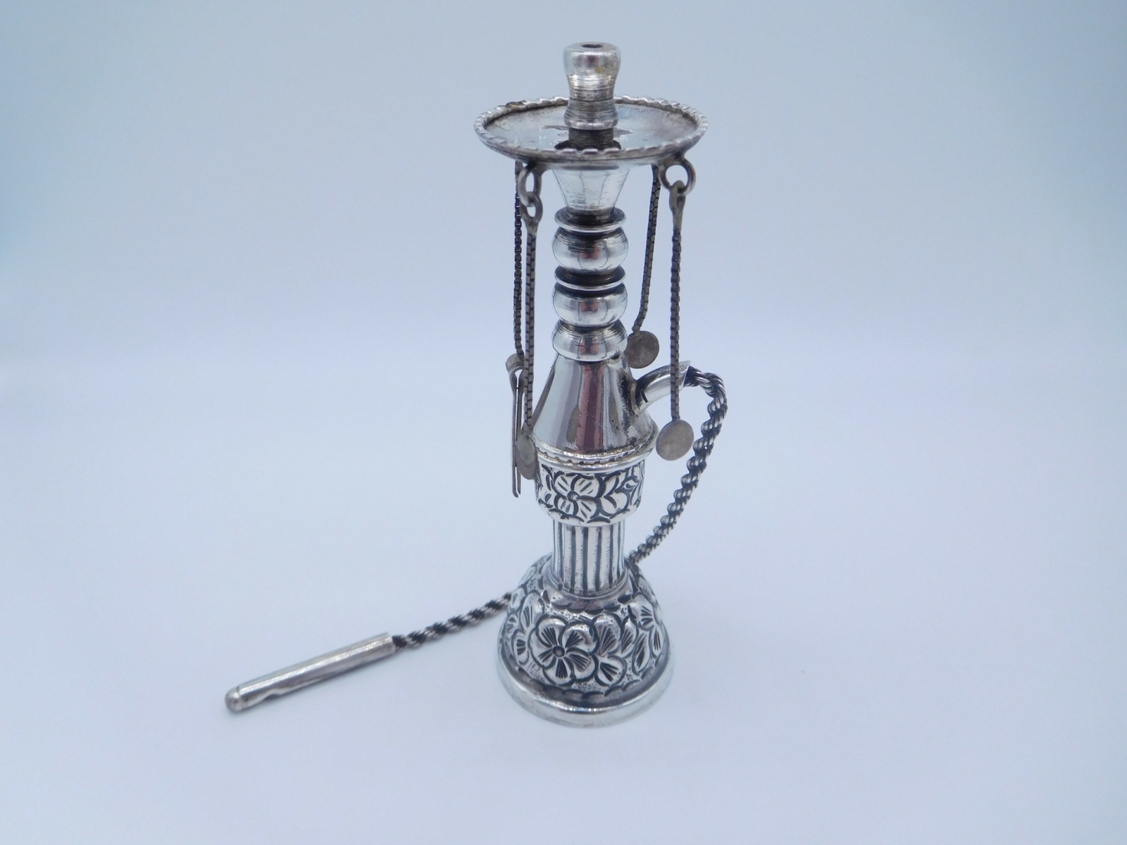 VINTAGE STERLING SILVER REPOUSSE FLOWER FIGURAL HOOKAH SMOKING PIPE FIGURINE