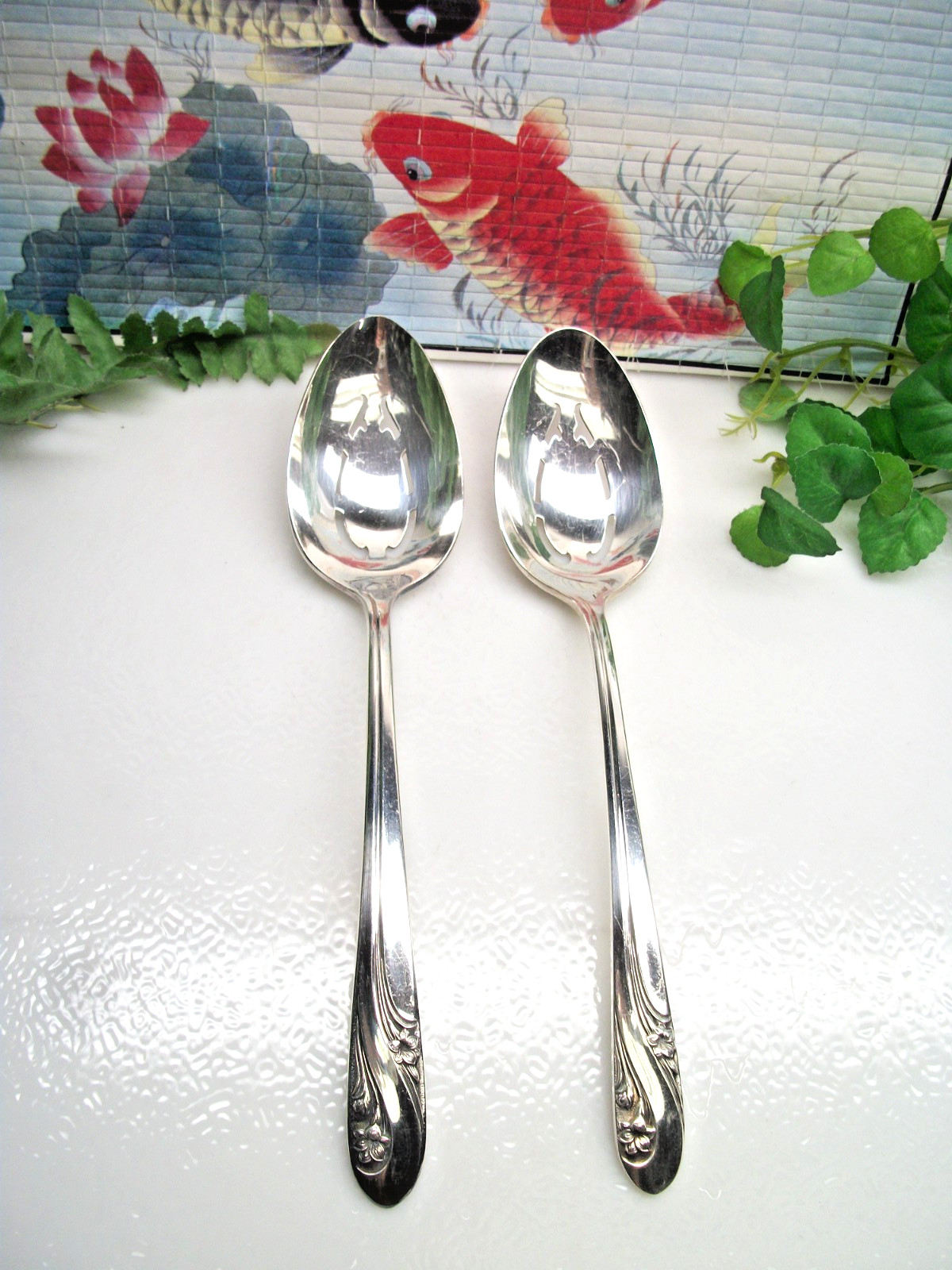 2 International Silver Holmes & Edwards ROMANCE Pierced Serving Spoons 1952