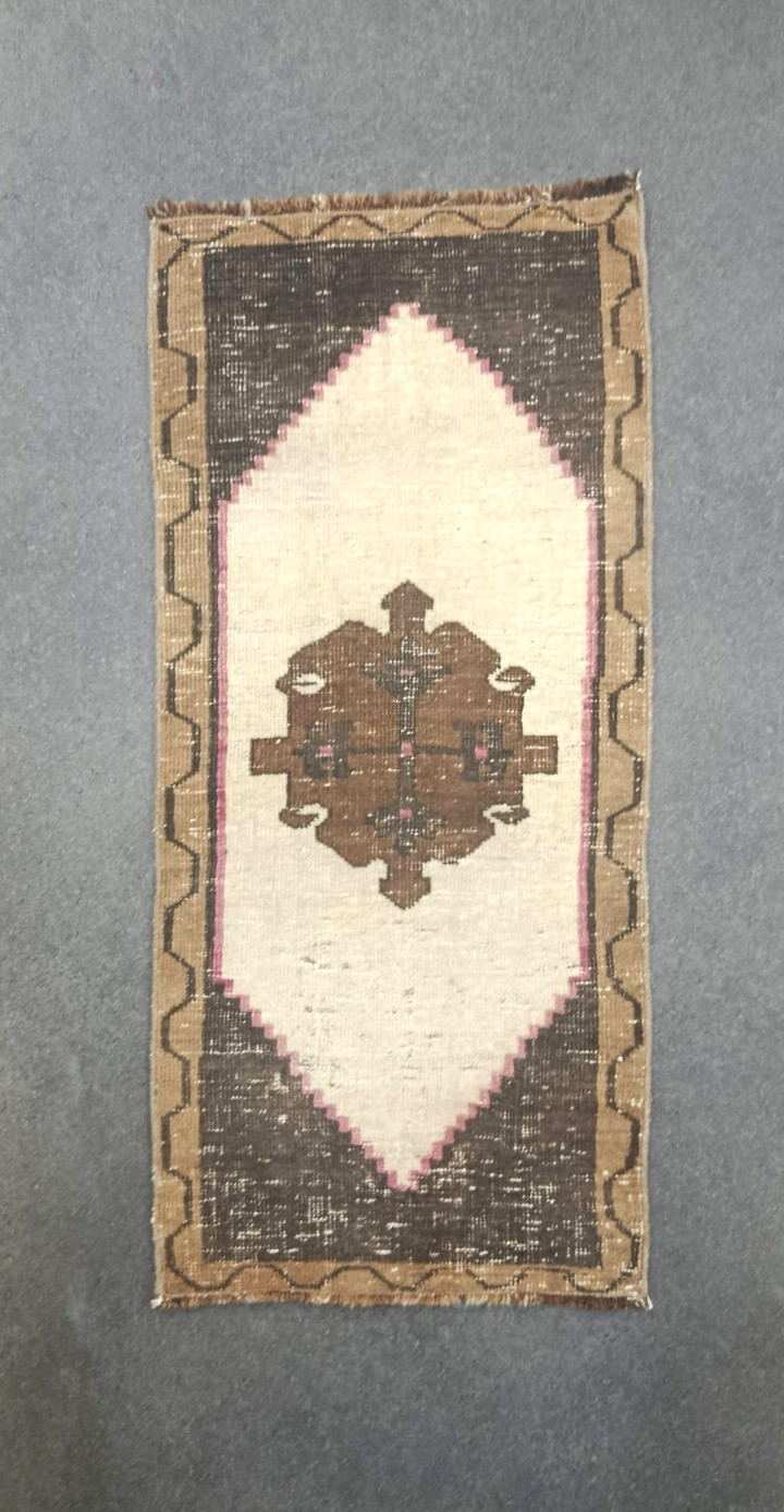 Brown Turkish Geometric Small Rug 1.5×3.2 ft. ,Unique Antique Handmade Door mat,