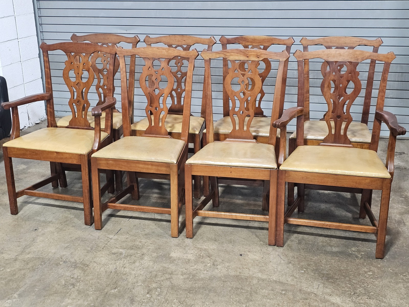 Set of 8 Stickley Chippendale Solid Cherry Dining Chairs Leather Seats Made USA