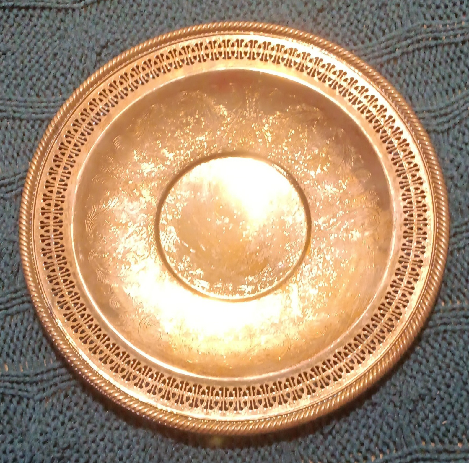Silverplate Round Platter Tray with Pierced Rim Gallery, Post-1940