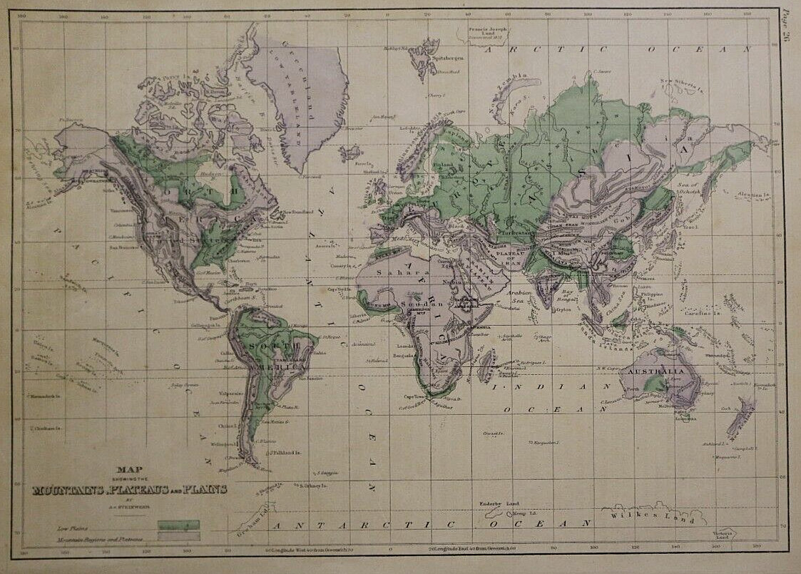 1898 World Map ~ MOUNTAINS, PLATEAUS & PLAINS ~ Original Hand Coloring (9×12)#14