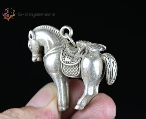 4.5CM Rare Old Chinese Miao Silver Feng Shui Horse Cicada Luck Necklace Pendant