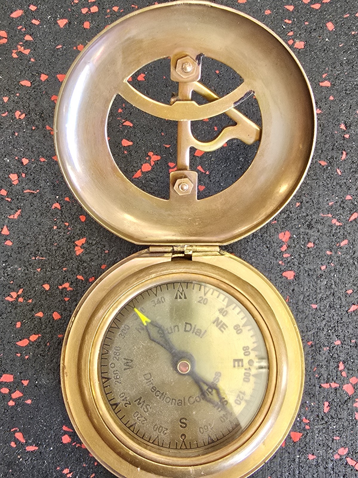 Antique Brass Pocket Compass Sundial Vintage Nautical Gift With Leather Case