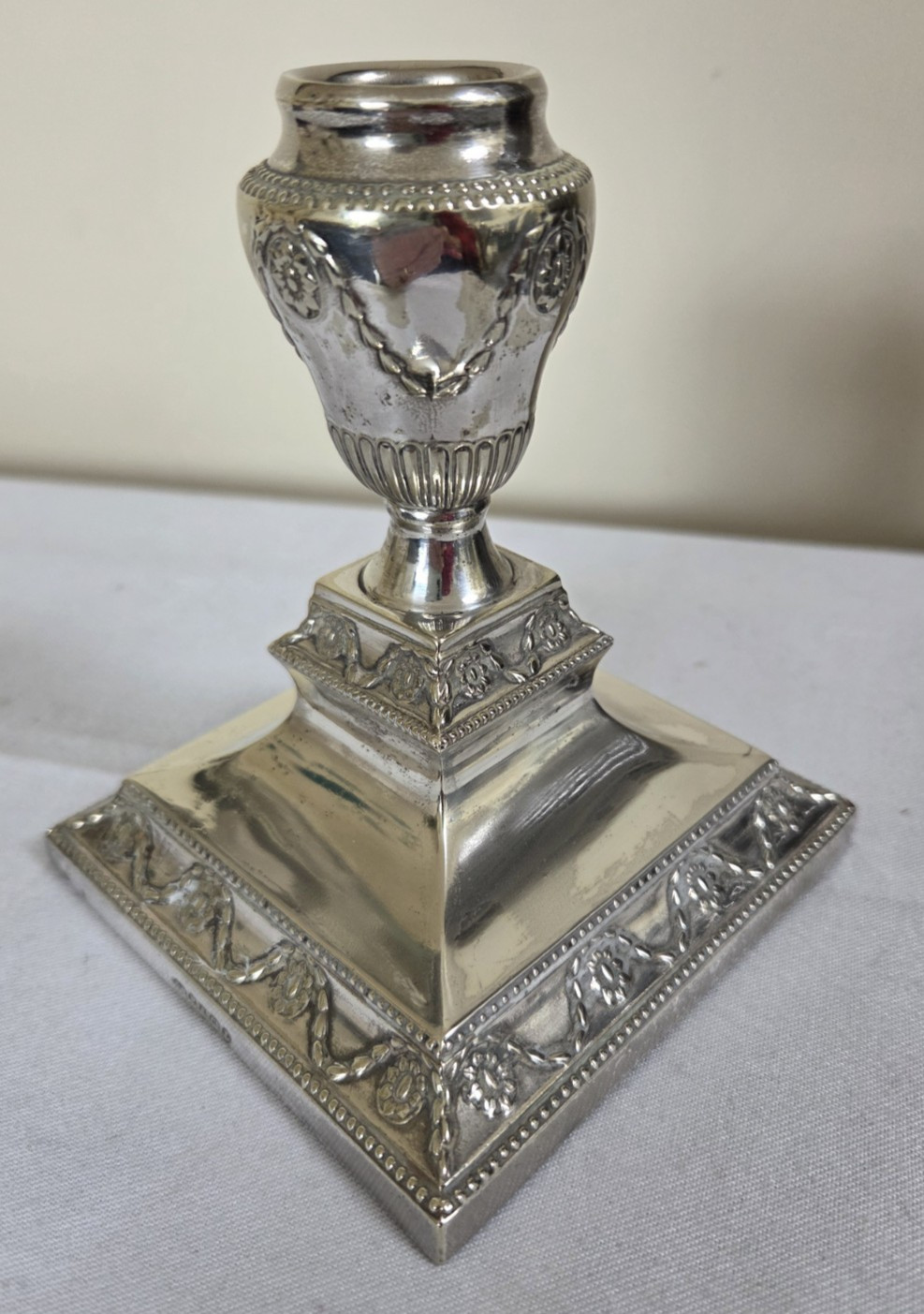 Victorian Neo Classical style silver plated dwarf urn candlestick c1890