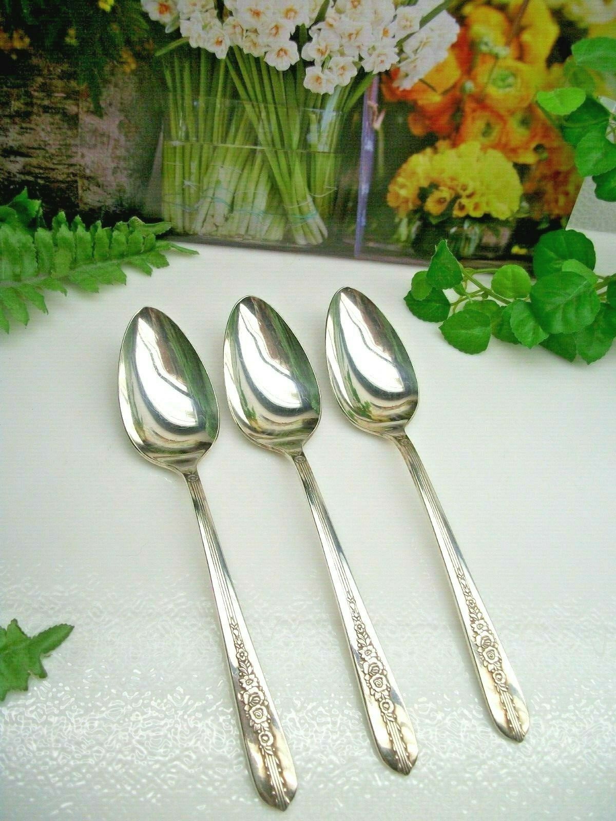 3 Oneida Nobility Plate ROYAL ROSE Silverplate Solid Serving Spoons 1939