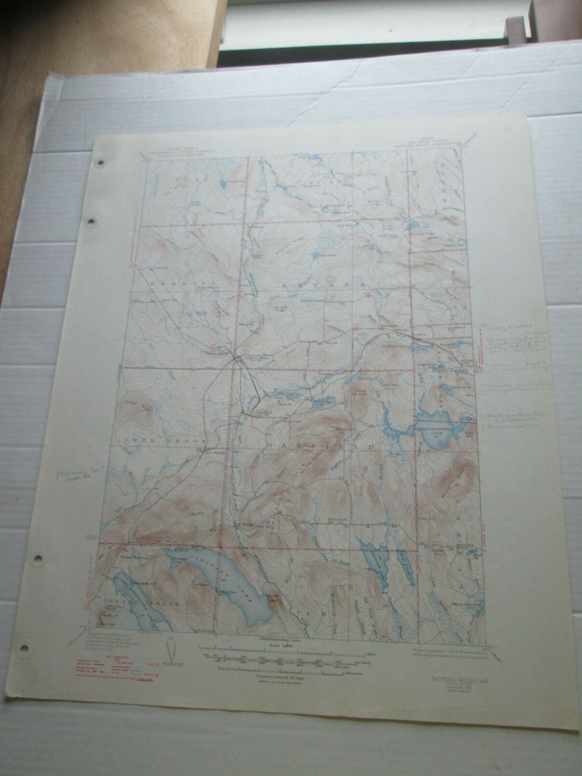 (1) MAINE ORIGIN TOPOGRAPHICAL MAP, “SMYRNA MILLS”, GEOLGICAL SURVEY 1937/1947