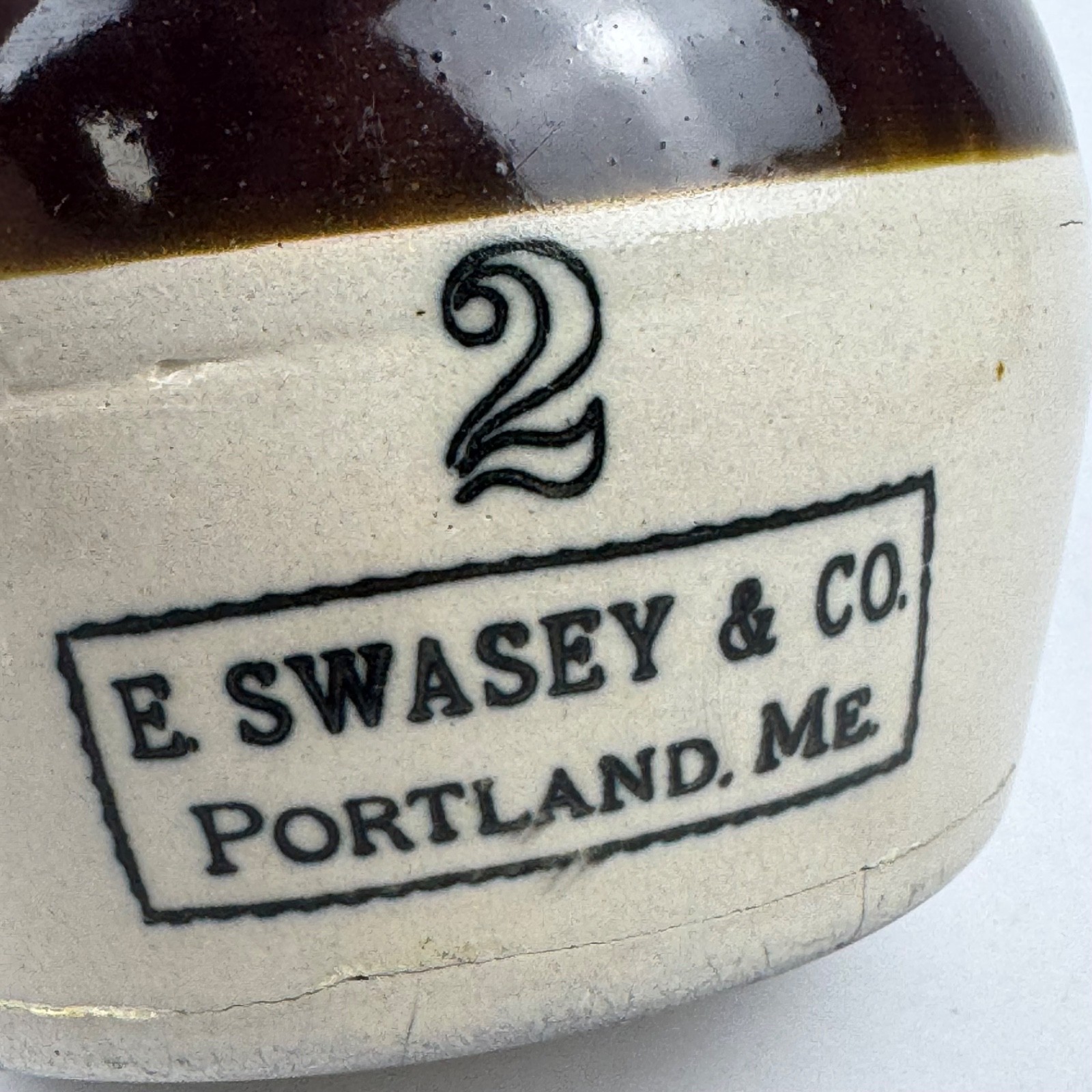 Antique Stoneware E Swasey & Co. Bean Pot #2 Brown White Portland Maine 1800s
