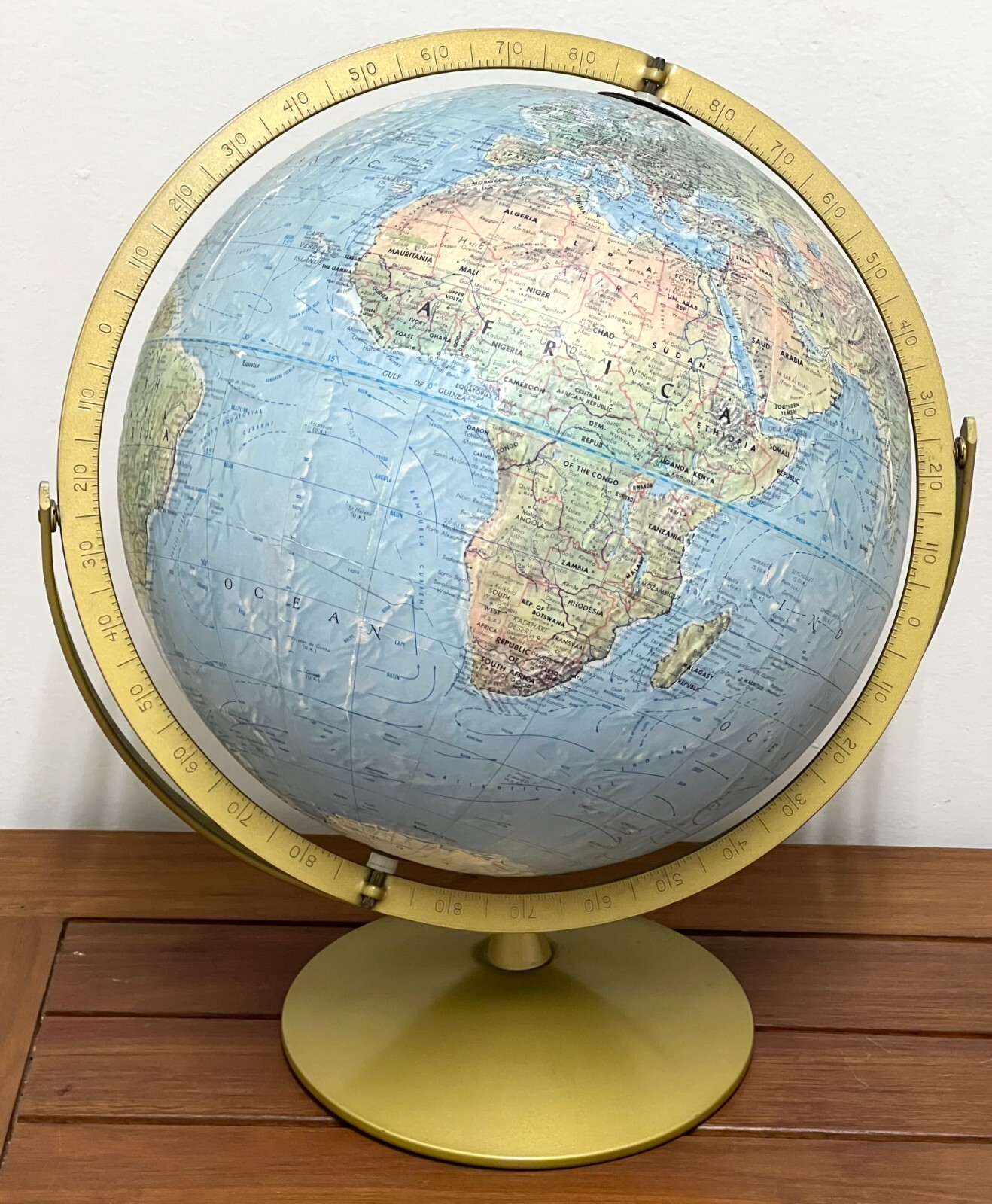 Vintage Replogle Land & Sea Rotating Globe 12 in Textured Raised Relief Sundial