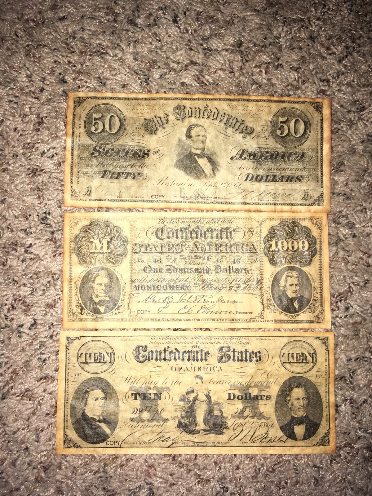Vintage Confederate Reproduction ten piece currency Replica Bills – Southern