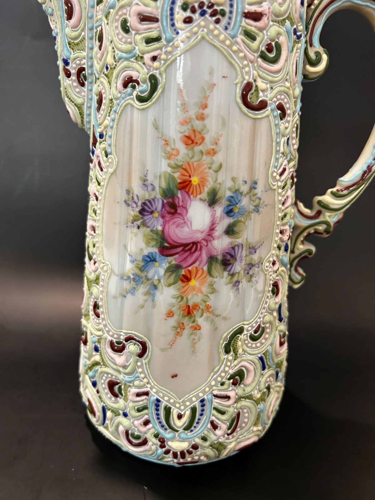 RARE Antique Nippon Jeweled Moriage Chocolate Pot FLUTED RIBBED Hand Painted 10″