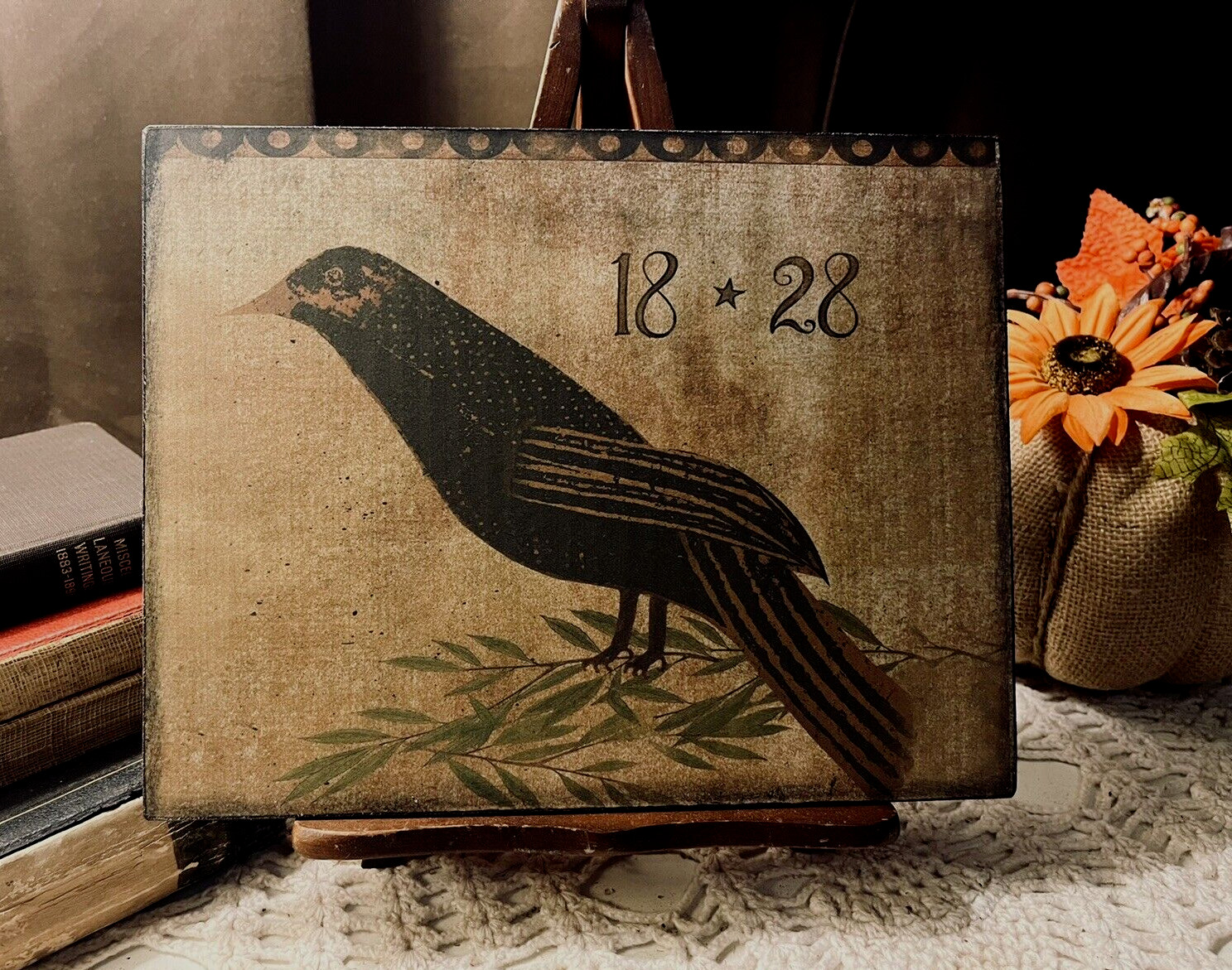 Crow Black Bird 1828 Primitive Folk Art Handcrafted Plaque / Sign