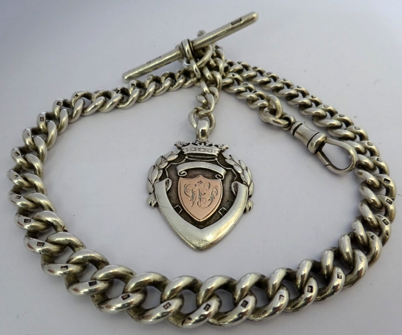 Antique heavy 66.5g solid silver pocket watch albert chain w/ silver & gold fob