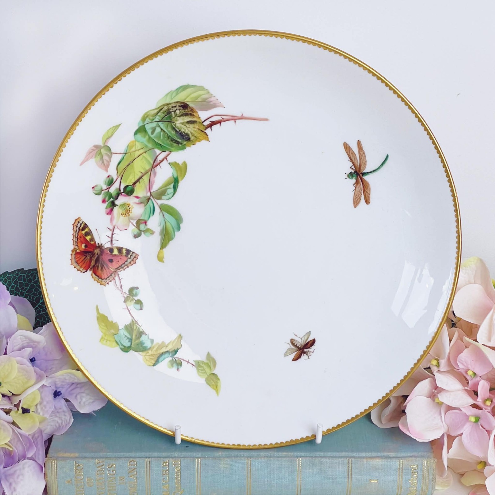 Antique Minton Aesthetic Period 9.25in plate, butterflies, flowers, handpainted
