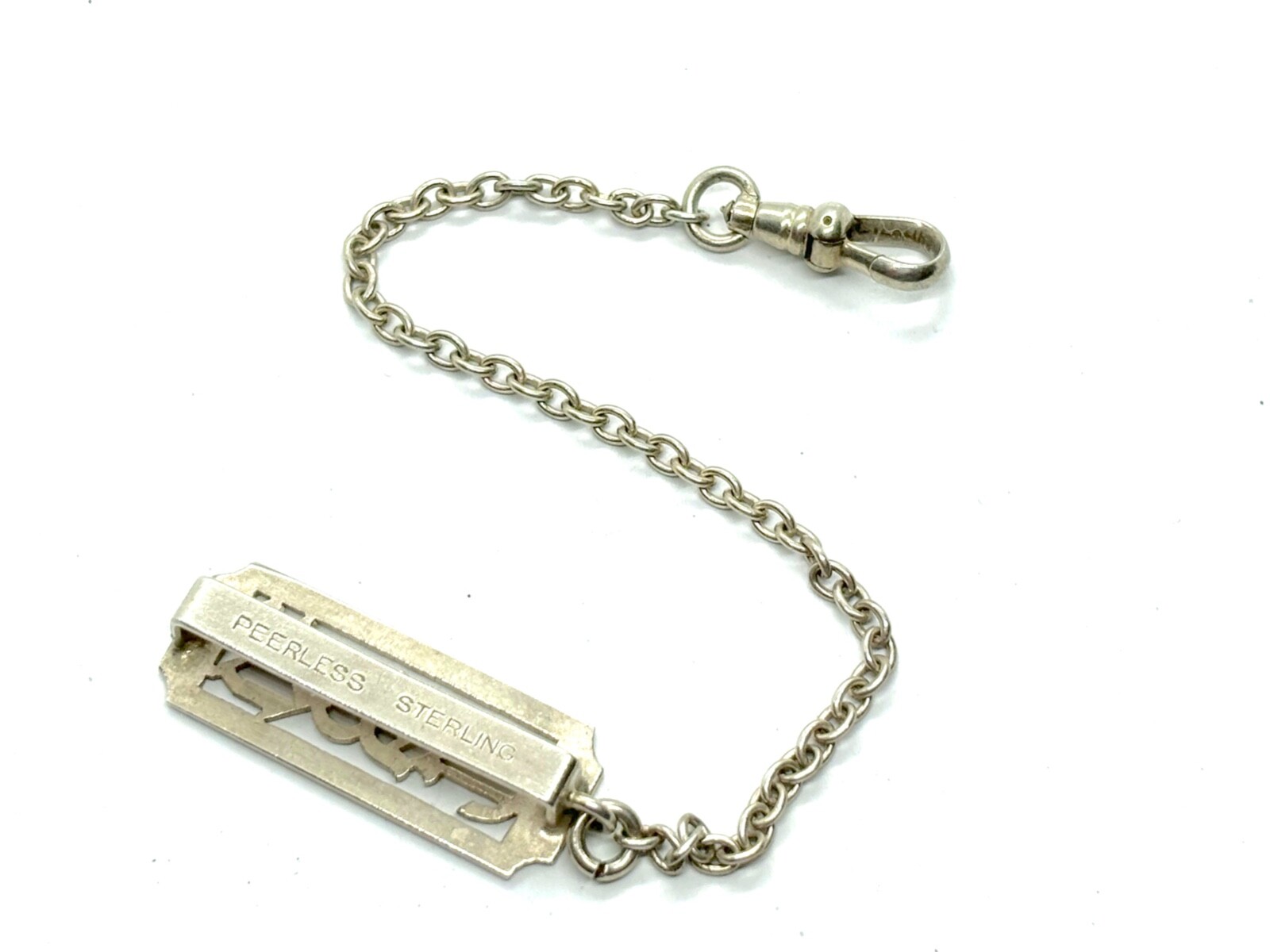 Antique PEERLESS Sterling Silver Monogram Belt Buckle Chain & Dog Clip 5.2 grams