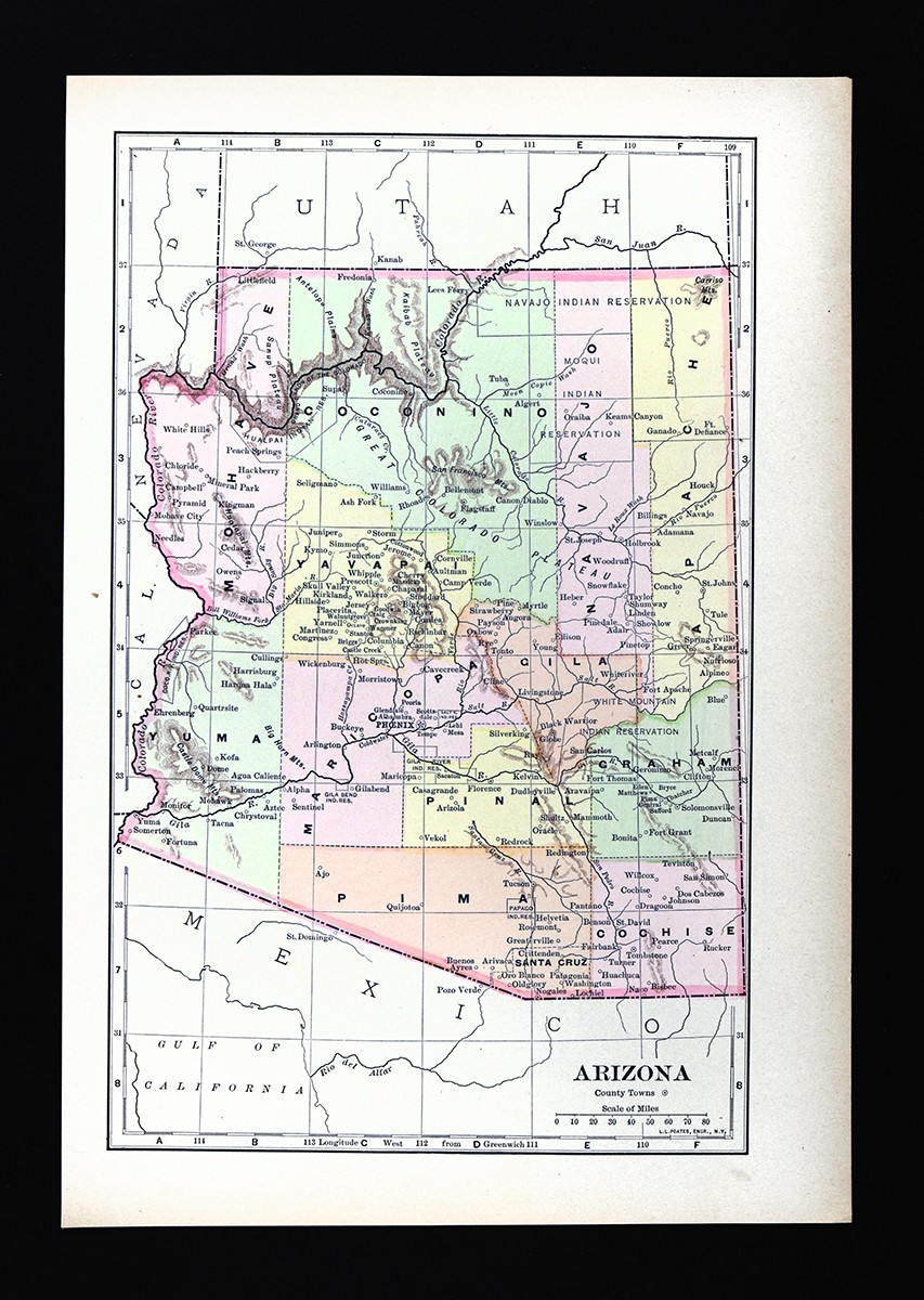 1887 Johnson Cyclopedia Map Arizona Phoenix Tuscon Prescott Navajo Grand Canyon