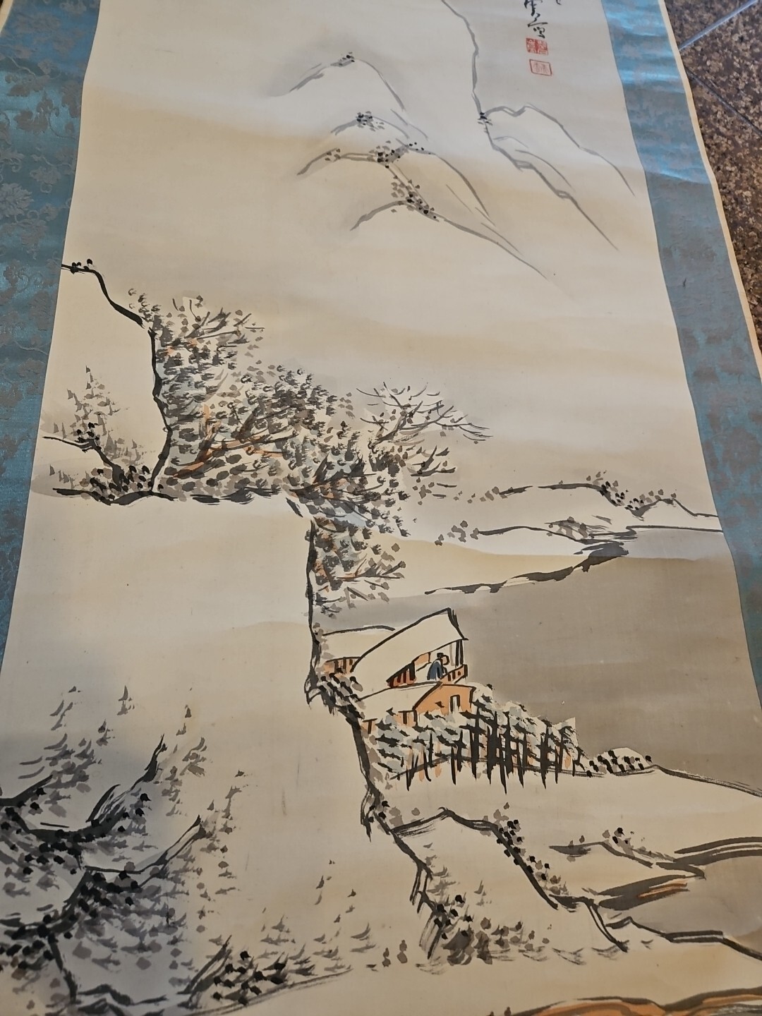 Oriental Hanging Scroll Hand Painted Mountains House Signed Vintage 78×21 Inches