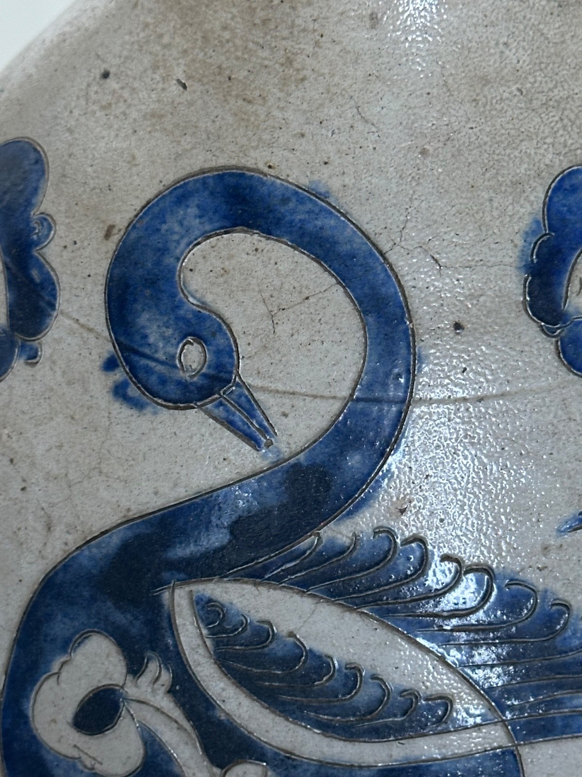 19th c. Westerwald 18” Stoneware Incised Salt Glazed Cobalt Blue Ovoid Bird Jug