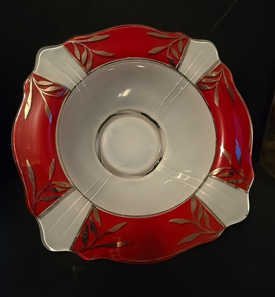 Indiana Glass Red Silver White Bowl ART DECO GLASS CLASSIC REVERSE PAINTED