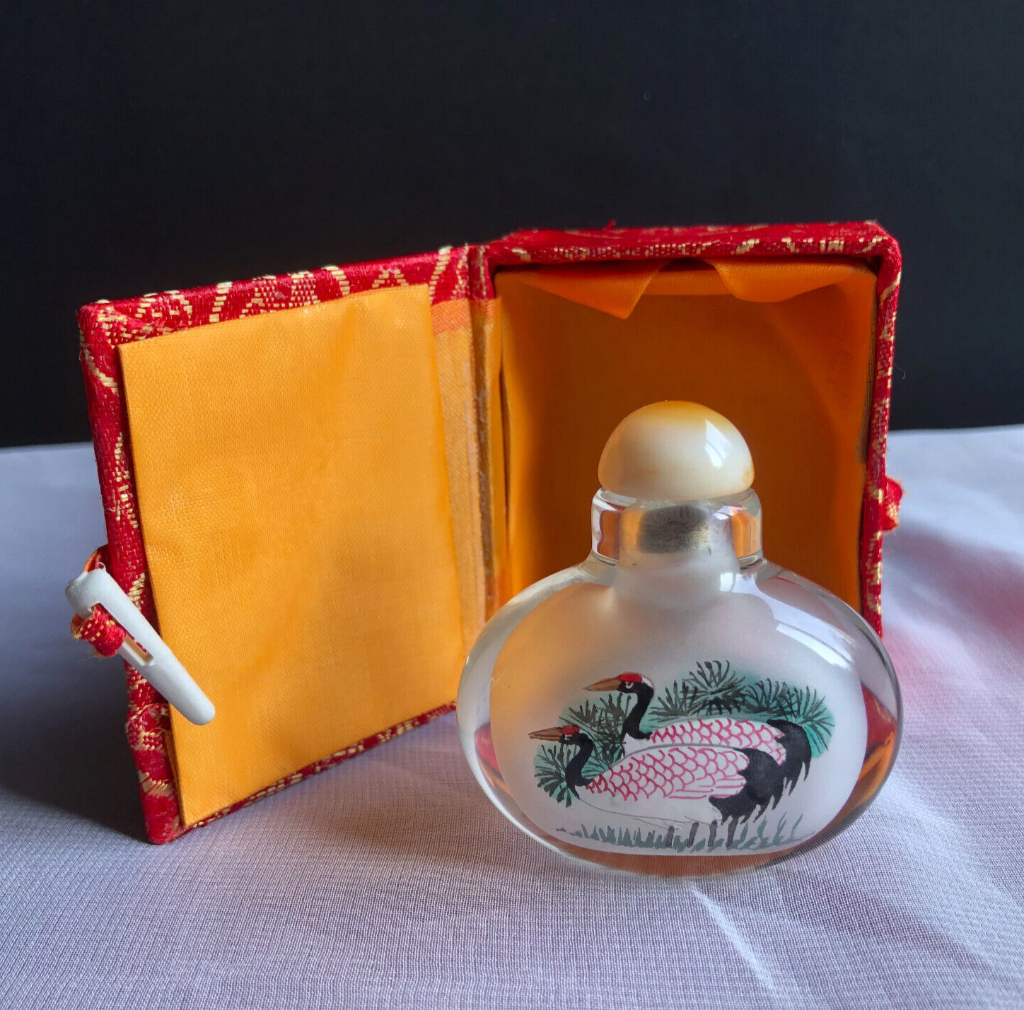 Vintage Chinese Reverse Painted Glass Snuff Bottle + Stopper Cranes Longevity