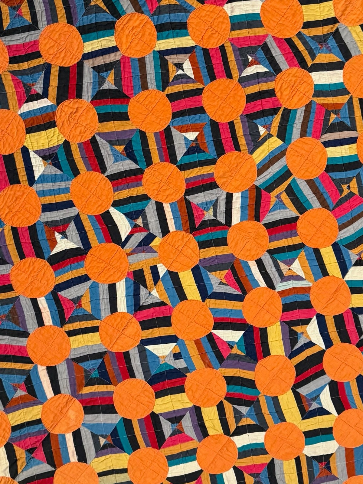 INCREDIBLE ANTIQUE PATCHWORK QUILT, COLORFUL OPTICAL ORANGES ON LOG CABIN,C1930!