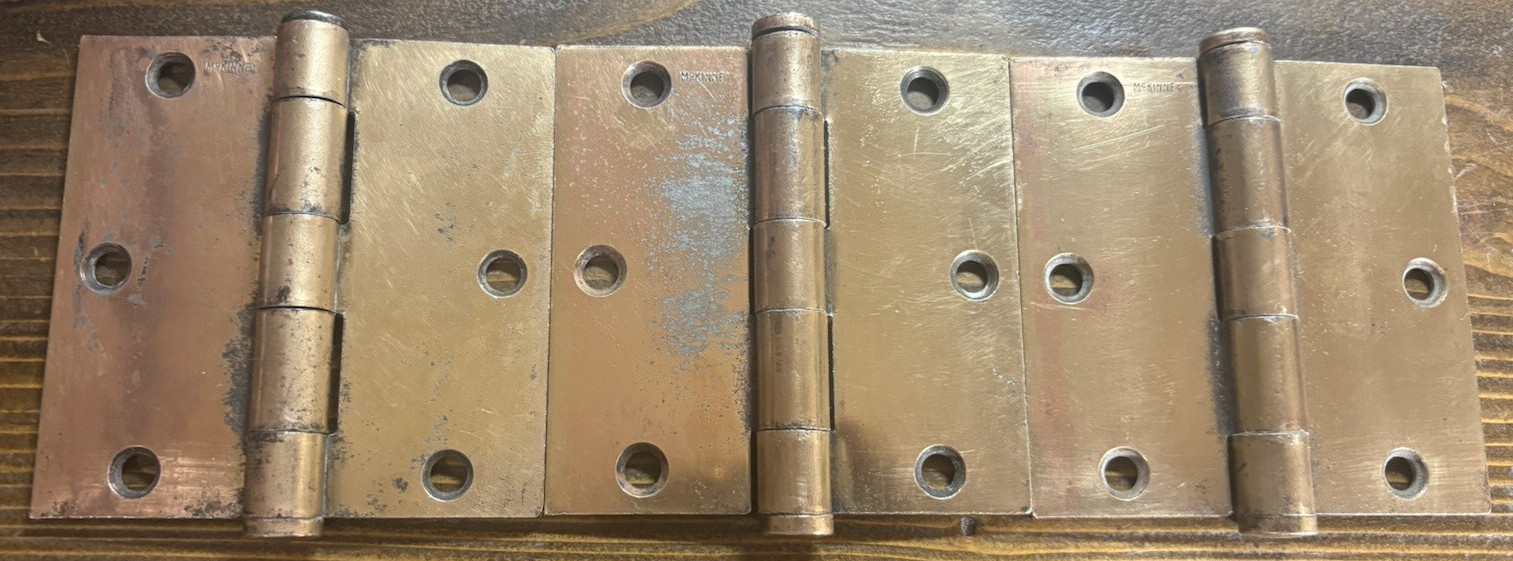 Set 3 McKinney Super Heavy & Thick Brass Hinges, 3 1/2″ x 3 1/2″ Vintage Antique