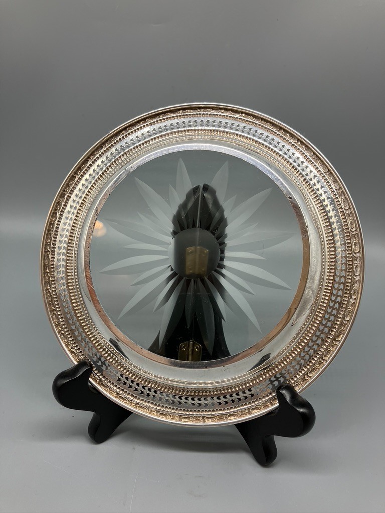LARGE FRANK M WHITING & CO STERLING SILVER AND CUT GLASS BOTTLE COASTER
