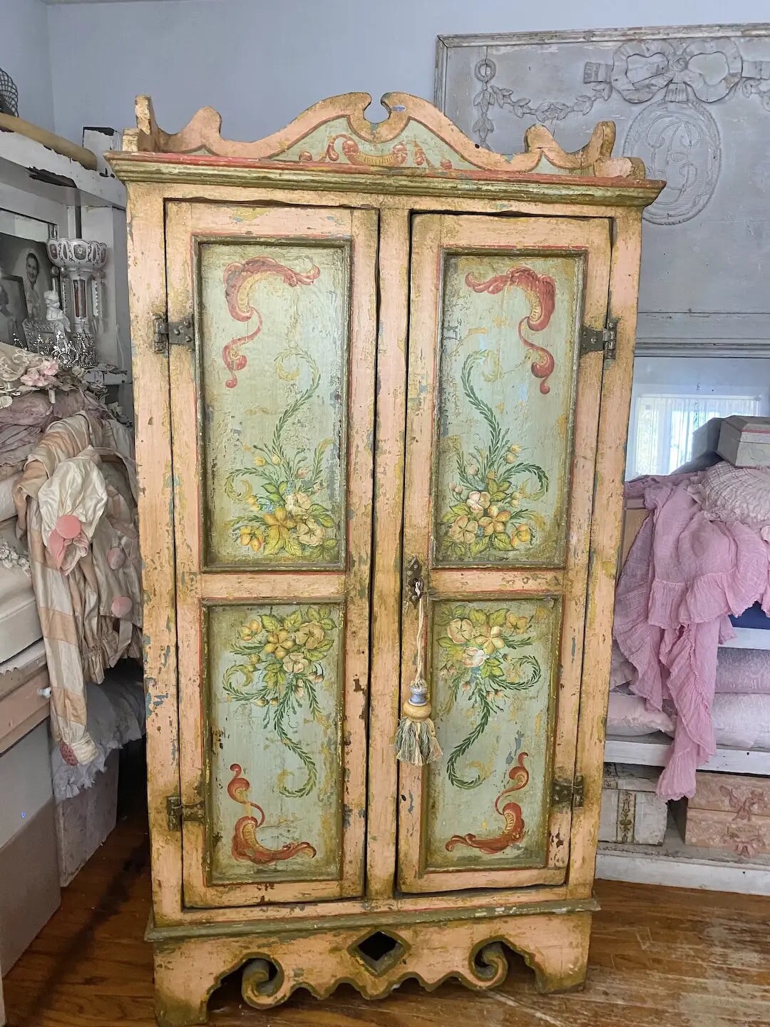 Antique Late 1700s-1800s Hand Painted European Cabinet Armoire Shabby Chic