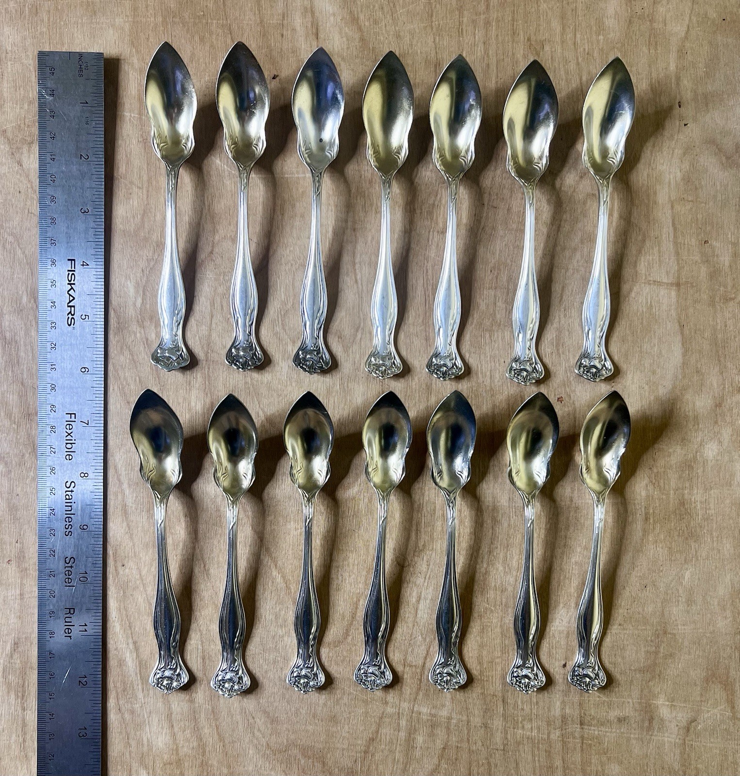 14 Rogers Bro. A1 Silver-plate” Mystic Poppy” Grapefruit Spoons (Art Nouveau)