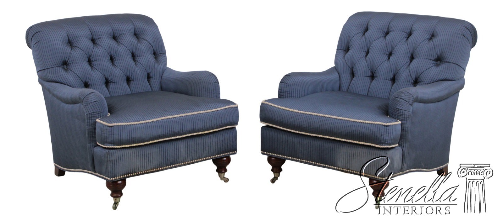 F72976: Pair LILLIAN AUGUST Blue Upholstered Club Chairs