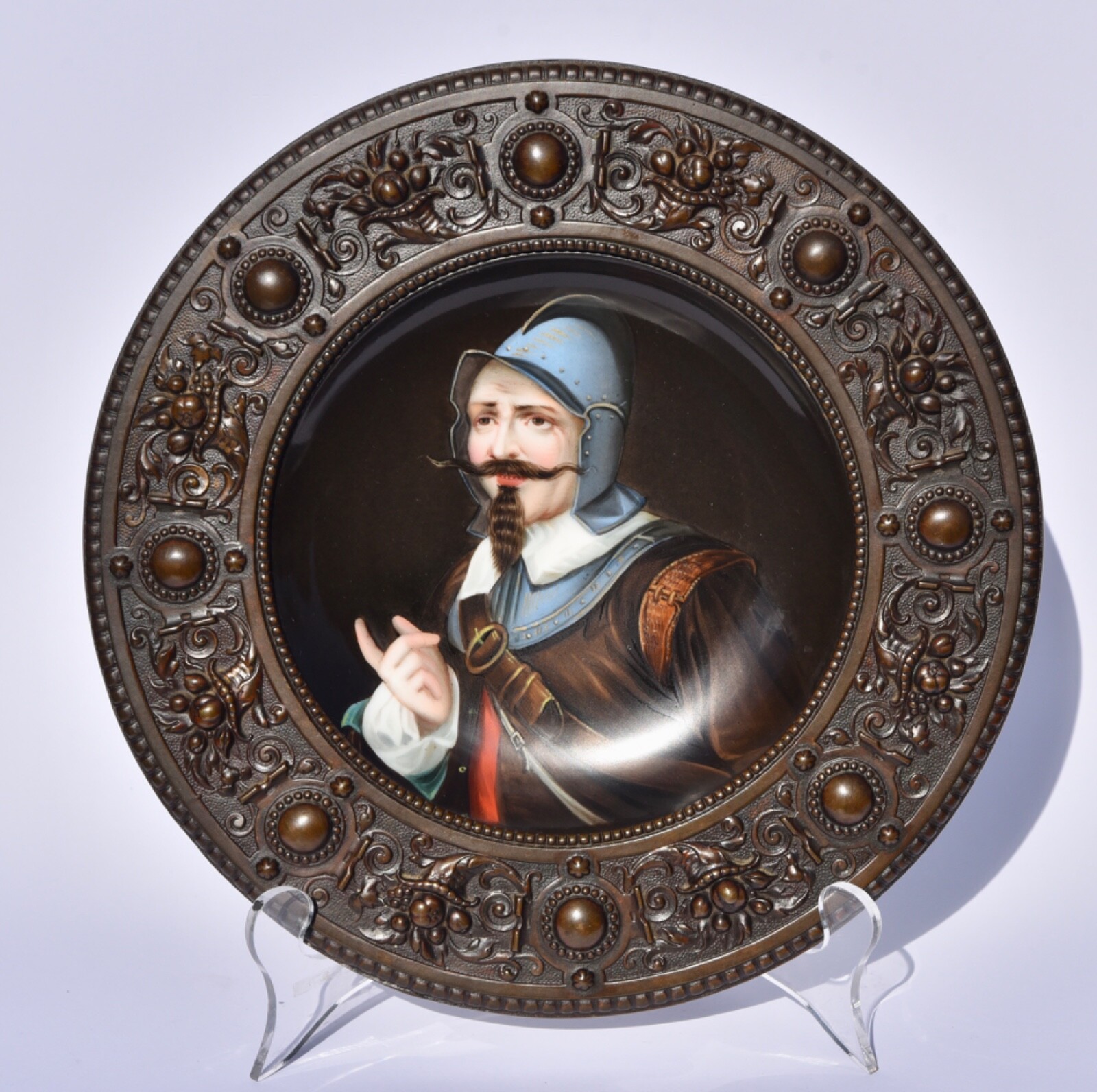 Superb Antique Hand Painted Bowl Bronze Mount Spanish Explorer/Conquistador 26cm
