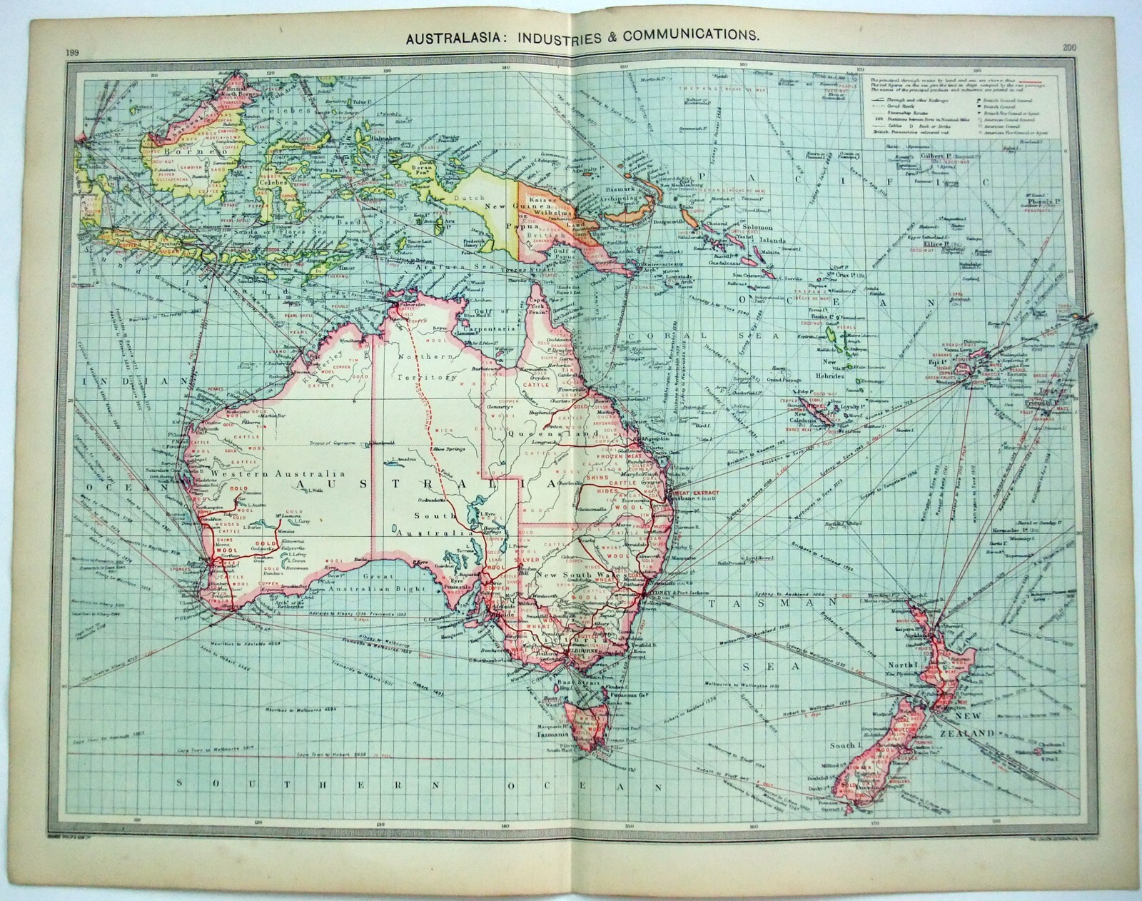Australasia: Industries & Communication – Original Map c1906 by G Philip & Son