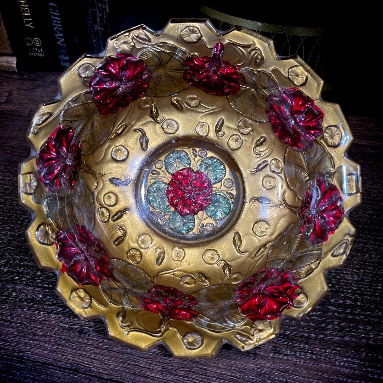 Vintage Goofus Glass Bowl Red Floral Gold Painted Pressed Glass Dish