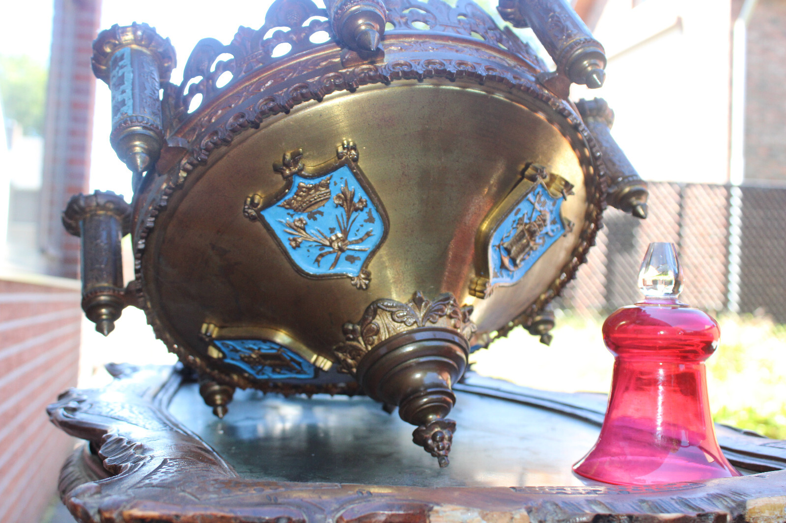 Antique 19thc church sanctuary Enamel Candle chandelier lamp neo-gothic rare