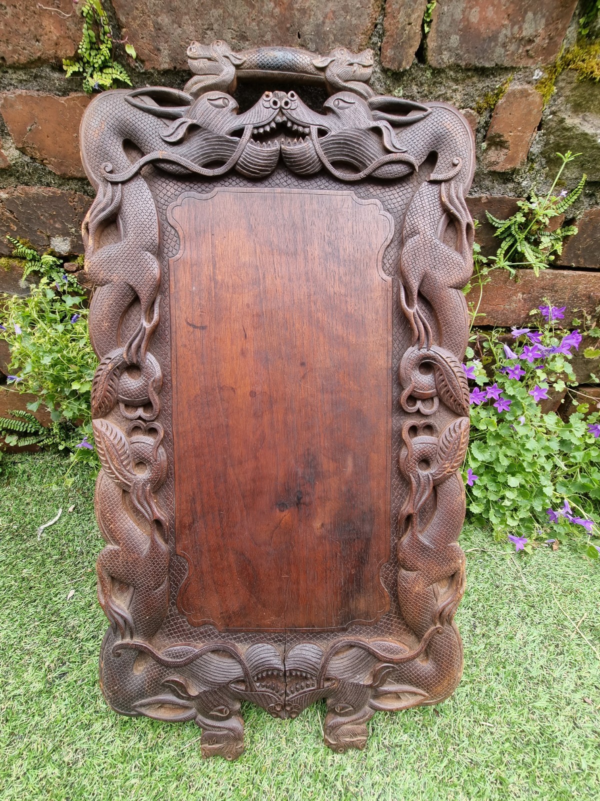 Antique Hand Carved Wooden Dragon Tea Serving Tray 64cm x 45cm deep carving