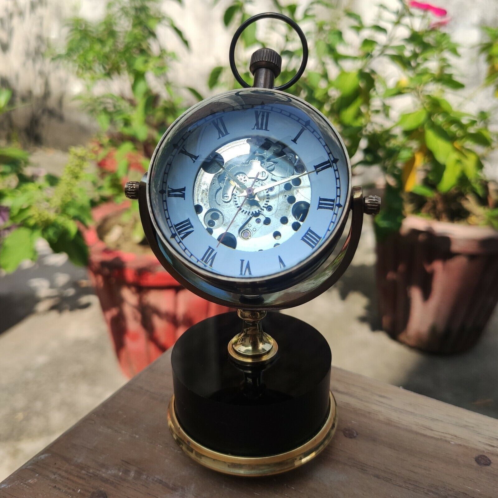 Antique Brass Desk Clock Mechanical Style Vintage Table Top Decorative Gift
