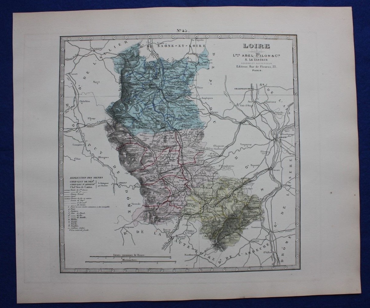 Original antique map LOIRE, FRANCE, ST ETIENNE, MONTBRISON, Le Vasseur, 1878