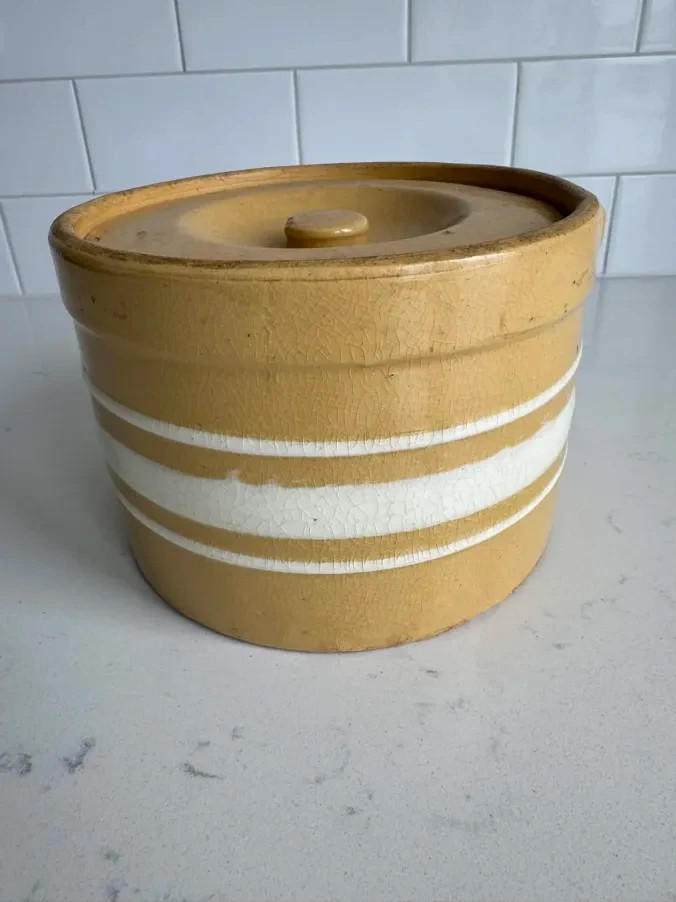 19th C Antique Yellow Ware Butter Crock, White Stripes & Band with Original Lid