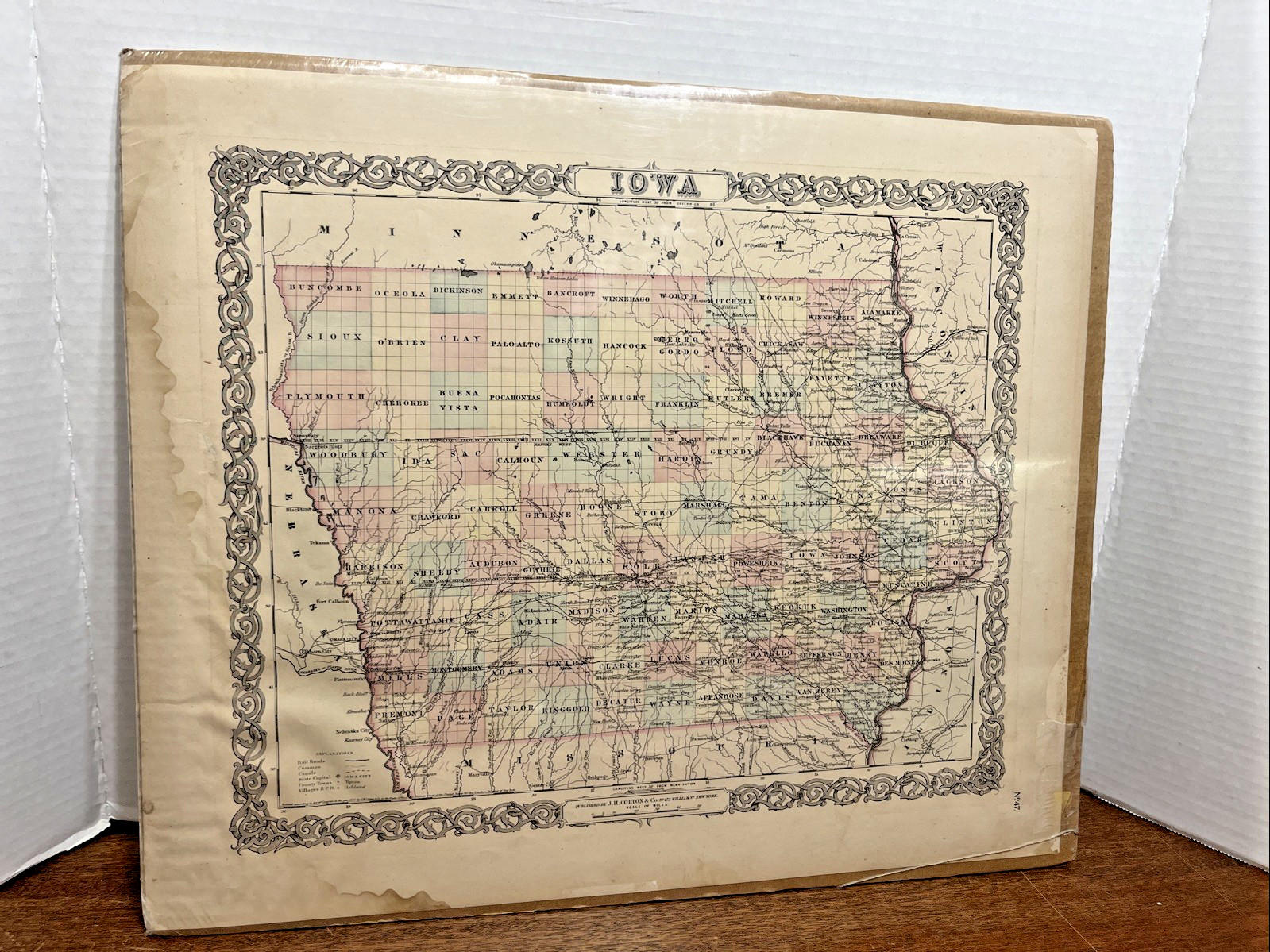 1855 Colton’s Atlas of the World MAP OF IOWA hand colored on backing board